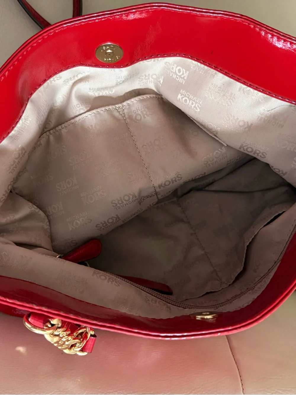 Michael Kors Shiny Red Patent Leather Tote with Gold Chain Handles